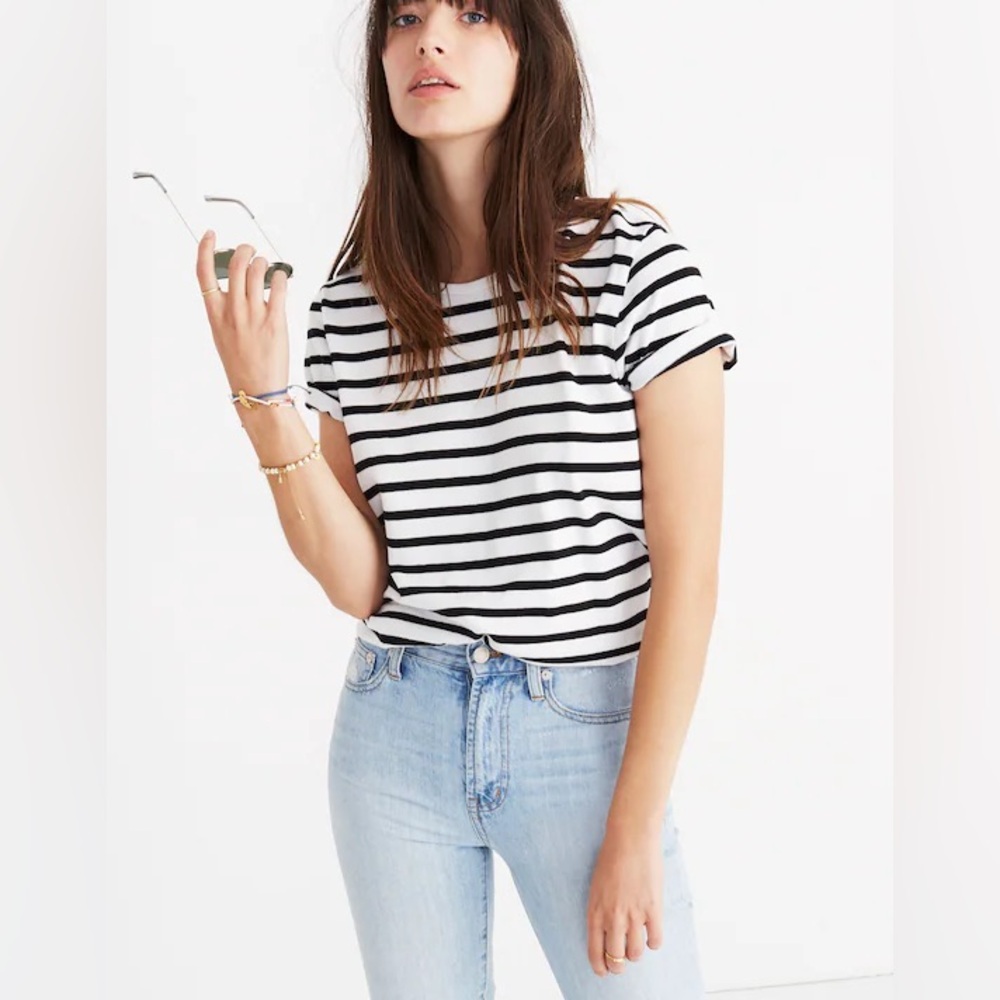 Madewell Striped Tie Back T Shirt Womens Medium Black White Cotton Crewneck Chic